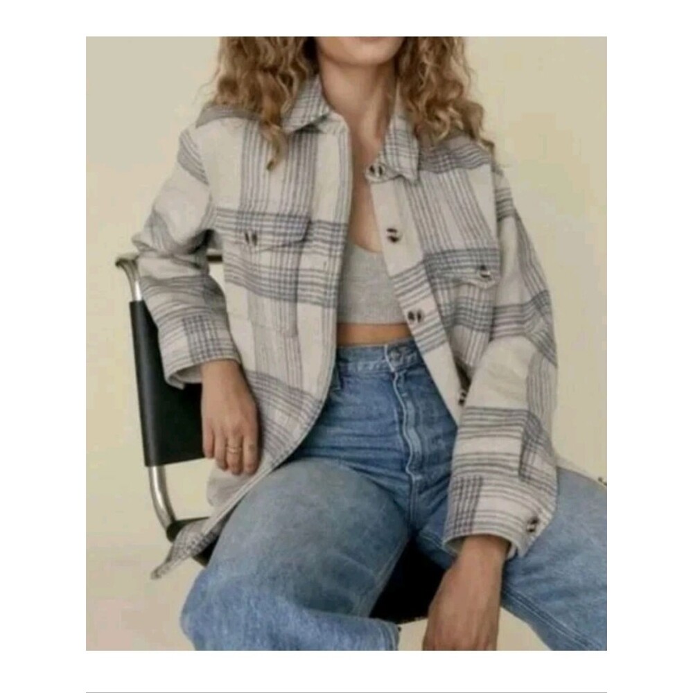 Reformation Giles Plaid Shirt Jacket Shacket Women Medium Wool Beige Grey Plaid